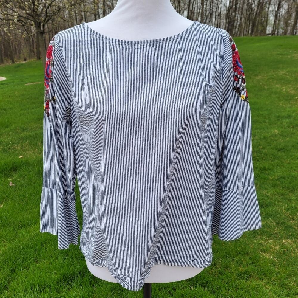 Skies Are Blue Striped Embroidered Blouse with Bell Sleeves size Medium